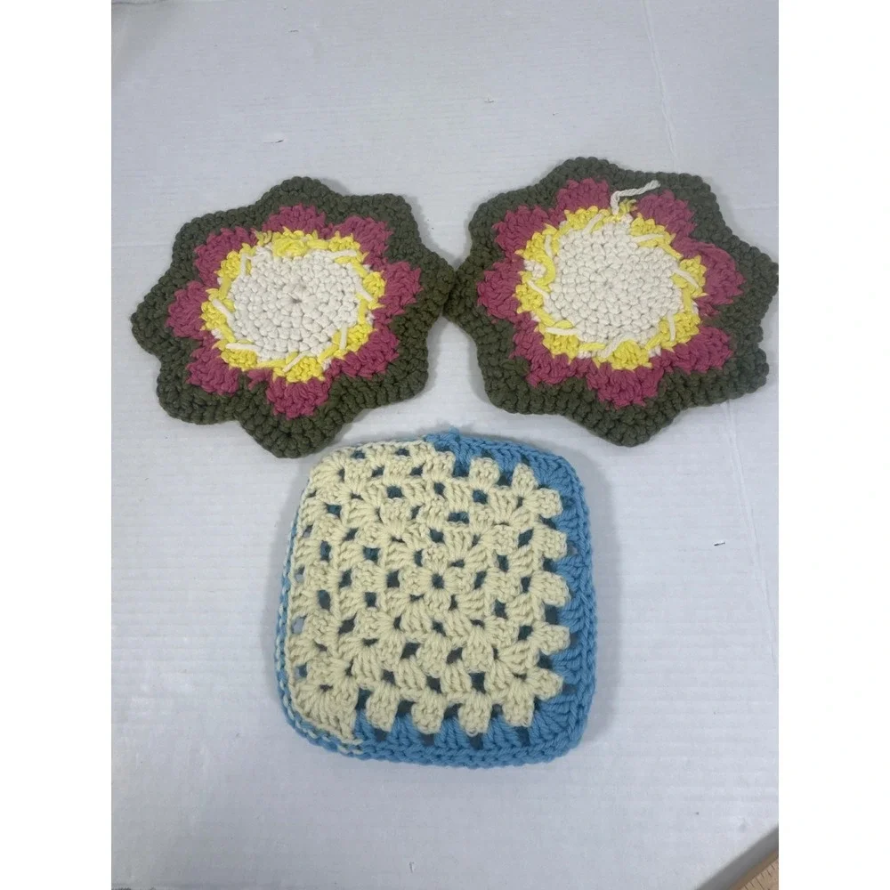 Handmade Crochet Potholder Set 3pc Multicolor Floral Granny Square